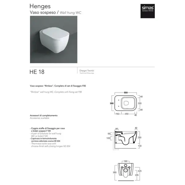 Simas Henges HE18 F85 Унитаз подвесной, белый глянец (HE18/F85)