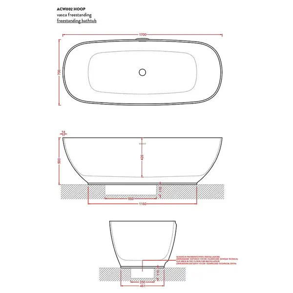 Ванна з штучного каменю Artceram Hoop 170x70 (ACW002 17)