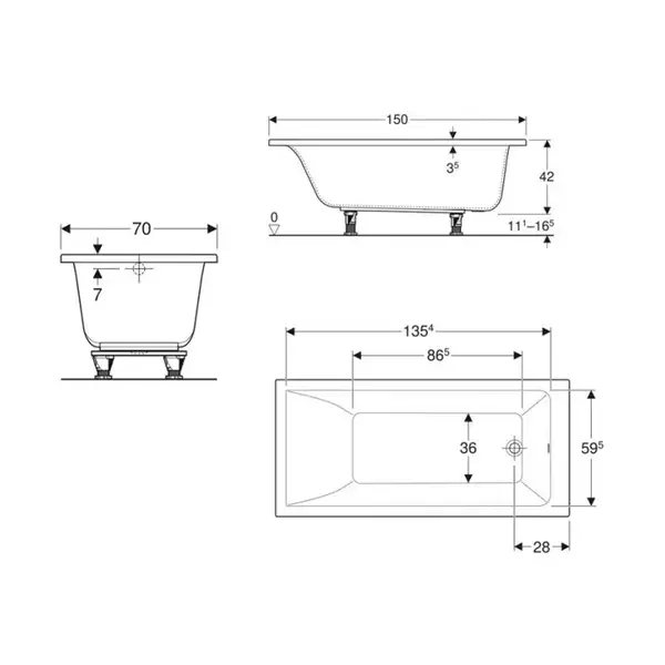 Ванна акриловая 150 х 70 х h42 см Geberit Selnova Square в комплекте с ножками (554.381.01.1)
