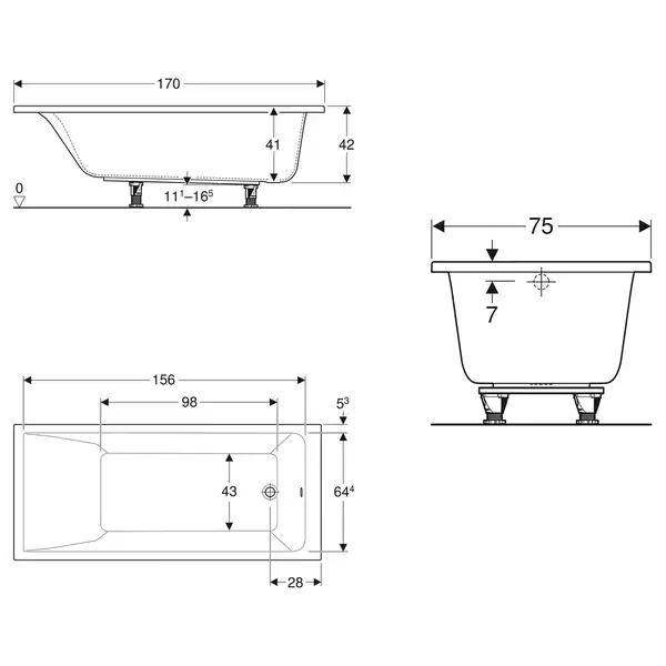 Geberit Selnova Square Ванна акриловая 170x75, белая (554.385.01.1)