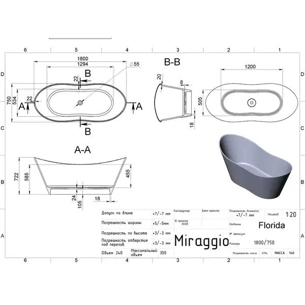 MIRAGGIO Florida Ванна, біла (0000271)