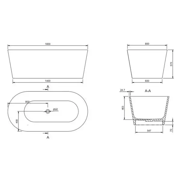 Nic-Design Ванна зі штучного каменю NIC Design Bay 160х80, Antracite Mat (014719013)