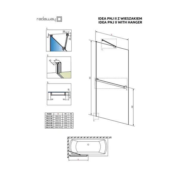 Шторка для ванни Idea PNJ II 90 з тримачем рушника, RADAWAY (10001090-01-01W)