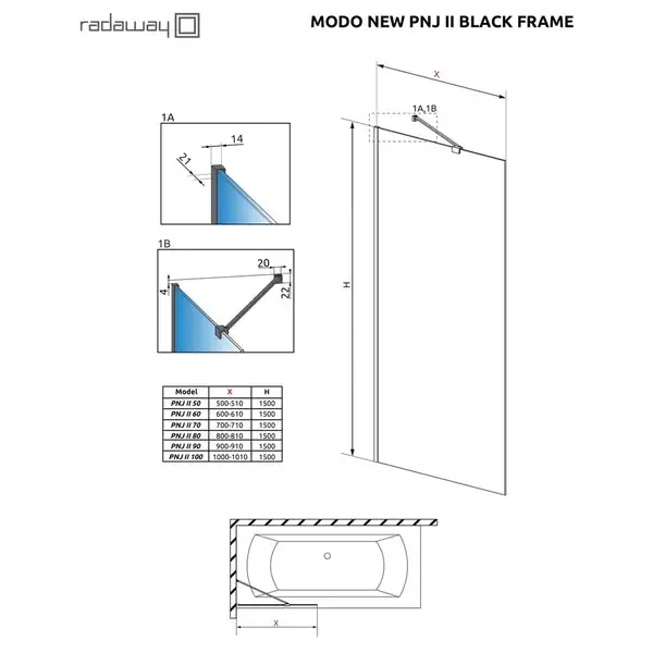 Шторка для ванни Modo New Black PNJ II 80 Frame, RADAWAY (10006080-54-56)