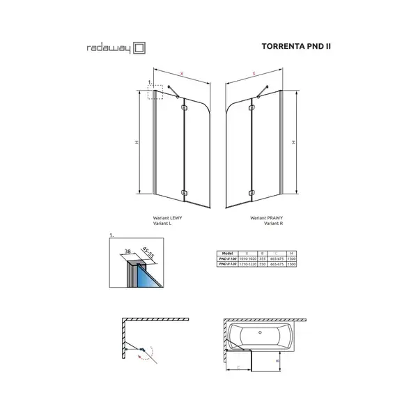 Шторка для ванни двохелементна Torrenta PND 101 права, (201202-101NR) RADAWAY (12011202-101R)