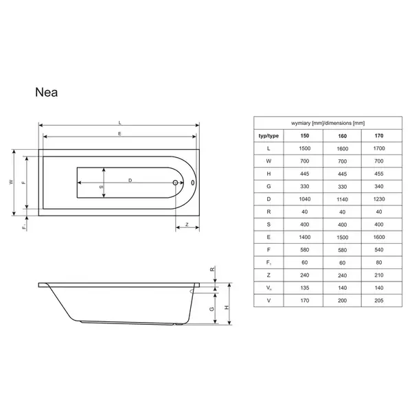 Ванна прямокутна NEA 170x70, RADAWAY (WA1-02-170x070U)