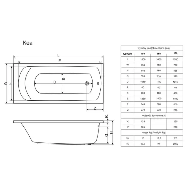 Ванна прямокутна KEA 170x75, RADAWAY (WA1-04-170x075U)