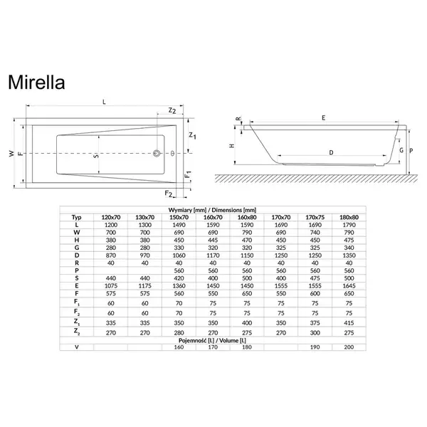 Ванна прямокутна  MIRELLA 160x70, RADAWAY (WA1-48-160x070)