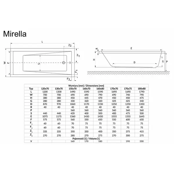 Ванна прямокутна  MIRELLA 170x75, RADAWAY (WA1-48-170x075)