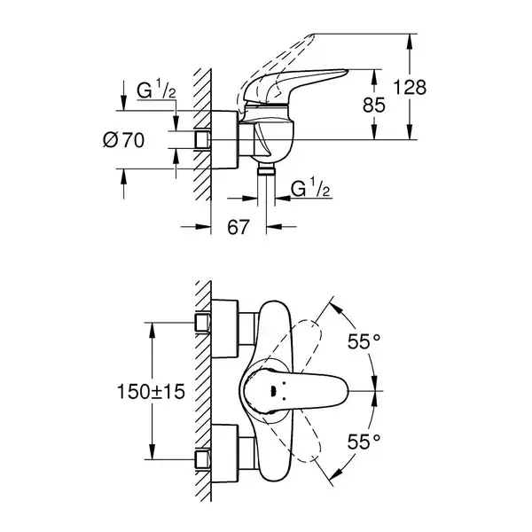 Смеситель однорычажный для душа Grohe Eurostyle Solid DN 15 (цвет - хром) (23722003) фото 2 Aquada.com.ua