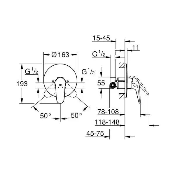 Смеситель однорычажный для душа Grohe Eurostyle Solid DN 15 (цвет - хром) комплект внешней и внутренней частей (23725003) фото 2 Aquada.com.ua