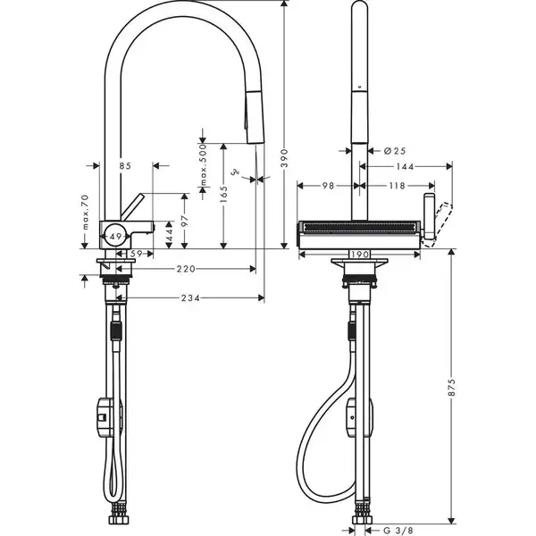 Змішувач кухонний Hansgrohe Aquno Select M81 170 3jet з витяжним зливом, Stainless Steel Finish (73837800)