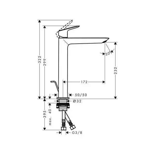 Смеситель для раковины высокий Hansgrohe Logis Fine (цвет - хром), с донным клапаном (71257000) фото 4 Aquada.com.ua
