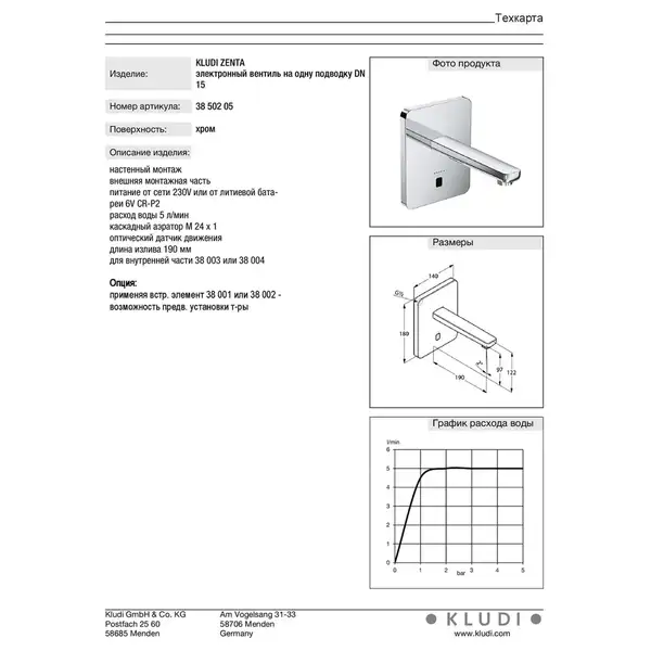 Kludi Змішувач ZENTA  д/умив. електр. 3850205
