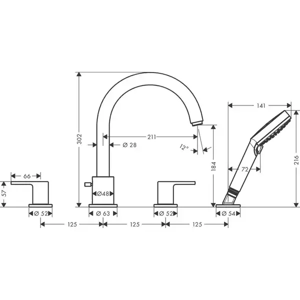 Змішувач для ванни Hansgrohe Vernis Shape на 4 отвори, Matt Black (71459670)