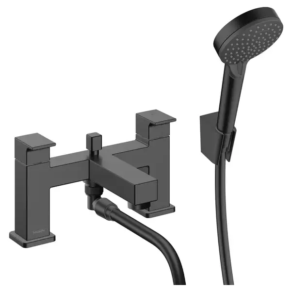 Смеситель на борт ванны Hansgrohe Vernis Shape (цвет - чёрный матовый), с душевым гарнитуром (71462670) фото 1 Aquada.com.ua