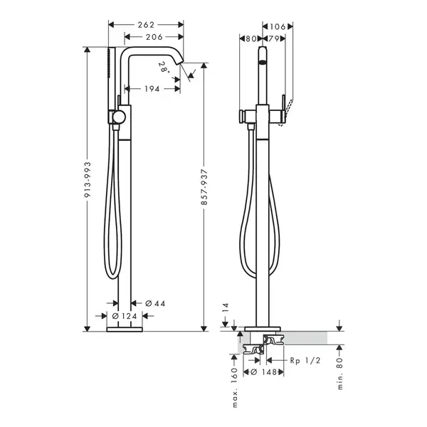 Смеситель для ванны напольный Hansgrohe Tecturis S (цвет - чёрный матовый), с душевым гарнитуром 73440670