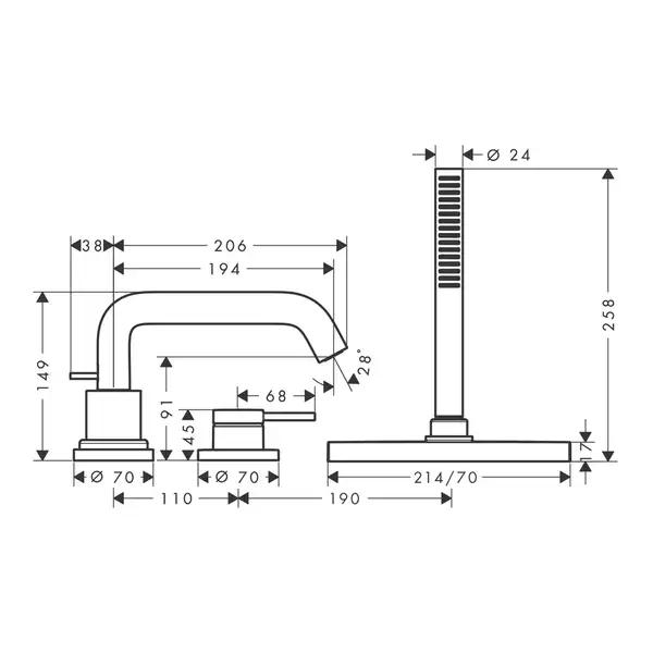 Hansgrohe Tecturis S Змішувач на борт ванни, чорний матовий (73447670)
