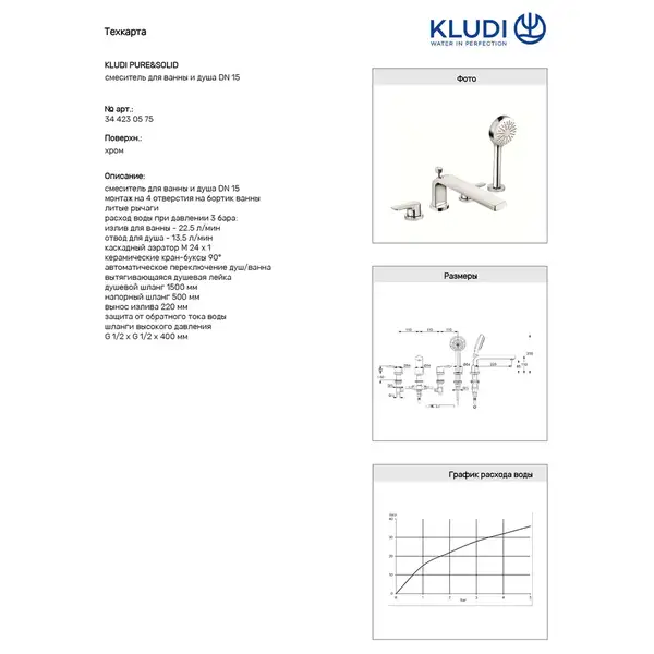 Змішувач для ванни та душу  на 4 отвори Pure$solid хром 344230575 KLUDI НІМЕЧЧИНА