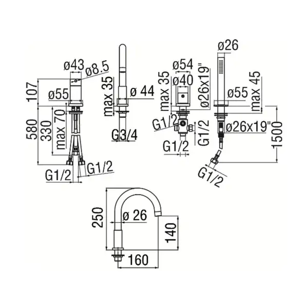WEBK110/9TCR Змішувач врізний для ванни, 4 отвори,хром Nobili ІТАЛІЯ (WEBK110/9TCR)