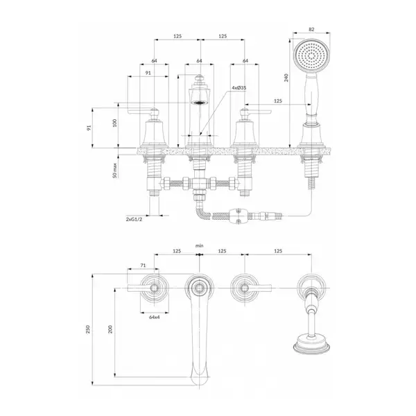 смеситель для ванны на 4 отверстия Omnires Armance antique copper, с термостатом (AM5232ORB)