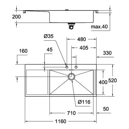 GROHE Мийка для кухні 1160 x 520 мм, 1 чаша, матова, в рівень зі стільницею (31582SD0) (31582SD0) фото 2 Aquada.com.ua