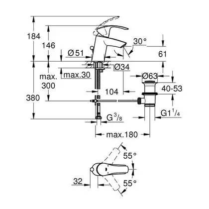 Смеситель однорычажный для раковины Grohe Eurosmart DN 15 S-Size (цвет - хром) с донным клапаном (33265002) фото 2 Aquada.com.ua