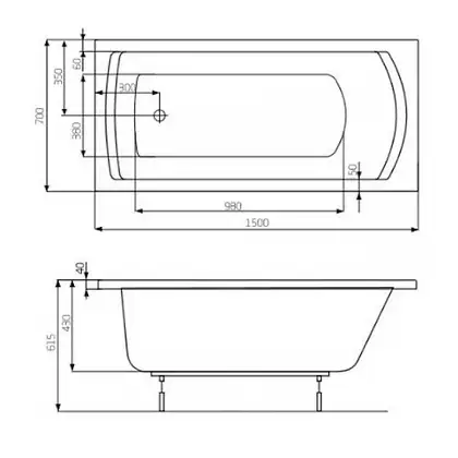 ROCA LINEA ванна 150*70см прямоугольная, с ножками в комплекте, объем 165л (A24T010000) фото 2 Aquada.com.ua