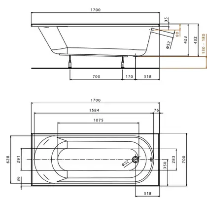 Kolo OPAL PLUS ванна 170*70см прямоугольная, без ножек (XWP137000N)