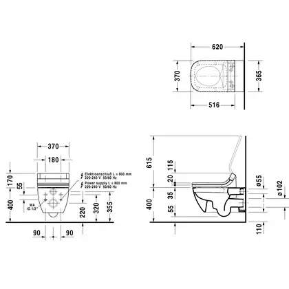 DURAVIT HAPPY D.2 унитаз 36,5*62см, подвесной, Rimless, с вертикальным смывом, только в сочетании с сиденьем SensoWash, с покрытием HygieneGlaze (2550592000) фото 2 Aquada.com.ua