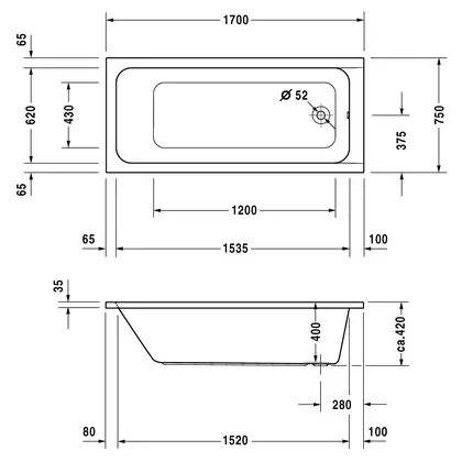 DURAVIT D-CODE ванна 170*75см, прямоугольная (700100000000000) фото 2 Aquada.com.ua