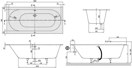 Ванна квариловая Villeroy & Boch Oberon 190 х 90 см + ножки (UBQ199OBE2V-01) фото 3 Aquada.com.ua