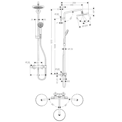 Душевая система с термостатом Hansgrohe Croma Showerpipe 220 1jet (цвет - хром) (27185000) фото 3 Aquada.com.ua
