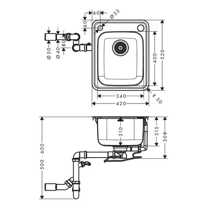 Встраиваемая кухонная мойка Hansgrohe S41 S412-F340 (цвет - нержавеющая сталь) 340/400 (43334800) фото 2 Aquada.com.ua
