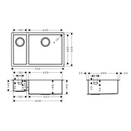 Мойка для монтажа под столешницу Hansgrohe S71 S719-U655 (цвет - нержавеющая сталь) 180/450 (43429800) фото 2 Aquada.com.ua