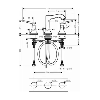 Смеситель для раковины на 3 отверстия Hansgrohe Metropol Classic (цвет - хром/золото), с донным клапаном (31330090) фото 2 Aquada.com.ua