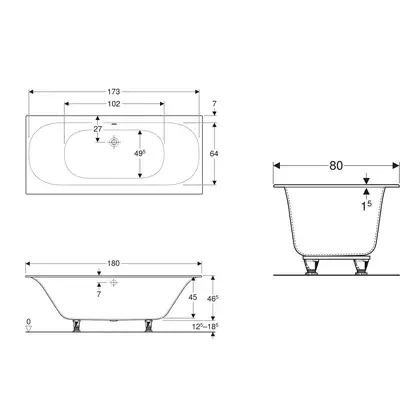 Ванна акриловая 80 х 180 см Geberit Soana Slim rim Duo с ножками (554.004.01.1) фото 5 Aquada.com.ua