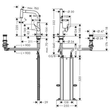 Смеситель для кухни Hansgrohe Metris Select 220 2jet, sBox (цвет - сталь), с вытяжным душем (73805800) фото 2 Aquada.com.ua