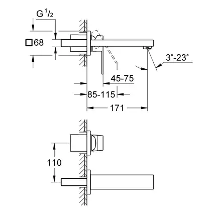 Смеситель для раковины настенный Grohe Eurocube S-Size (цвет - тёмный графит, матовый), вынос 171 мм (19895AL0) фото 4 Aquada.com.ua