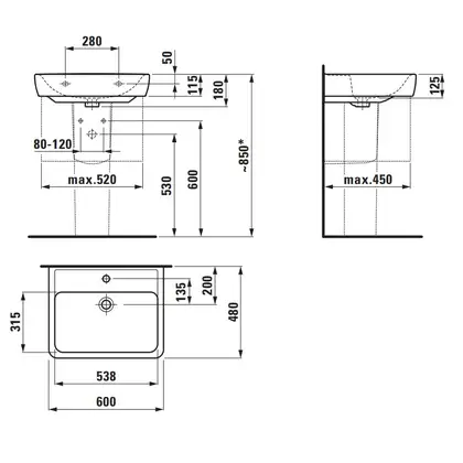 Раковина подвесная 60 х 48 см Laufen Pro (H8189520001041) фото 6 Aquada.com.ua