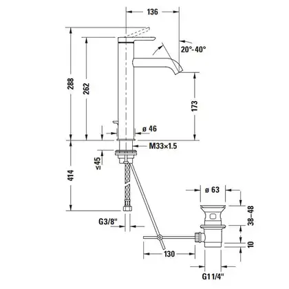 Смеситель для раковины высокий Duravit C.1 (цвет - чёрный матовый), с донным клапаном, излив 136 мм (C11030001046) фото 2 Aquada.com.ua