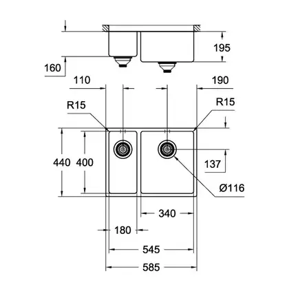 GROHE Мийка для кухні 585 x 440 мм, 1,5 чаши, матова, під стільницю, права (31576SD0) (31576SD0) фото 4 Aquada.com.ua