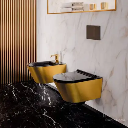 Унитаз подвесной NewFlush (безободковый) Catalano Gold & Silver с сиденьем Soft Close (1VS55NRNO+5SCSTPNNE) фото 3 Aquada.com.ua