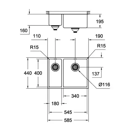 GROHE Мийка для кухні 585 x 440 мм, 1,5 чаши, матова, під стільницю, права (31576SD0) (31576SD0) фото 6 Aquada.com.ua