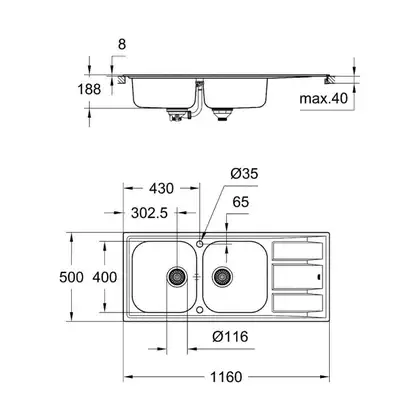GROHE Мийка для кухні 1160 x 500 мм з ексцентриком, 2 чаши, матова (31587SD0) (31587SD0) фото 6 Aquada.com.ua