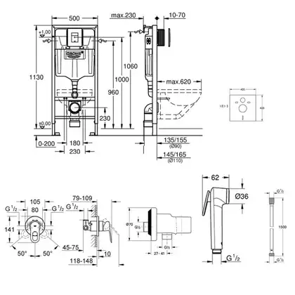 Комплект Grohe инсталляция Rapid SL 38827000 + набор для гигиенического душа со смесителем BauLoop 111042 (38827000111042) фото 2 Aquada.com.ua