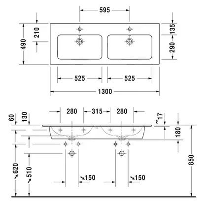 Раковина двойная мебельная Duravit Me by Starck 130 x 49 см (2336130000) фото 2 Aquada.com.ua