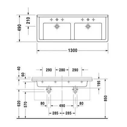 Раковина двойная Duravit Starck 3 1300 х 490 мм (0332130000) фото 3 Aquada.com.ua