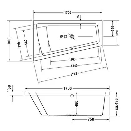 Ванна акриловая Duravit Paiova 170 х 100 см, угол справа (700213000000000) фото 5 Aquada.com.ua