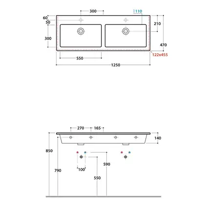 Раковина двойная Globo Forty3 125 x 47 см (FO125.BI) фото 3 Aquada.com.ua